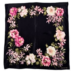 Vintage JNY silk cottage rose floral square scarf black pink green 20 x 20"